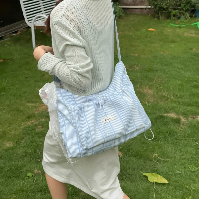 Women's Striped Nylon Tote Bag – Large Capacity Shoulder Bag