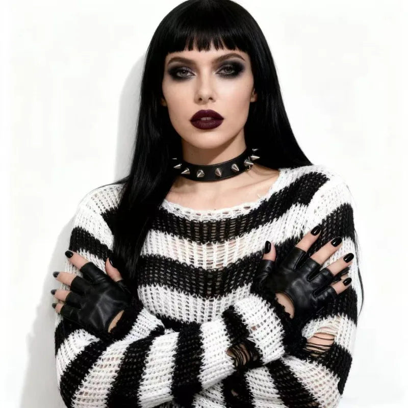 Women's Punk Gothic Oversized Striped Hollow Knit Pullover Sweater