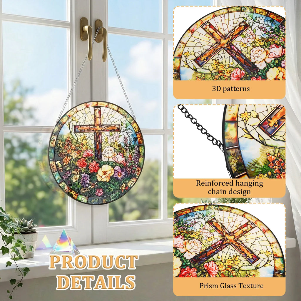 Stained Glass Cross Suncatcher 9.84" – Window Hanging Decor