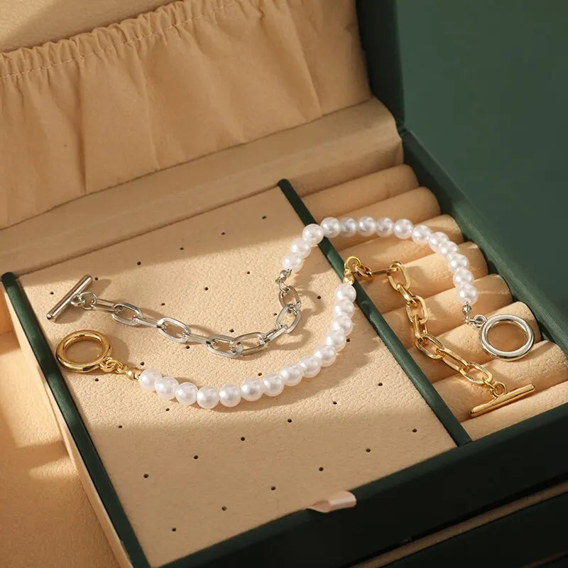 2pcs Vintage Pearl Metal Bead Strand Bracelets – Unisex Set