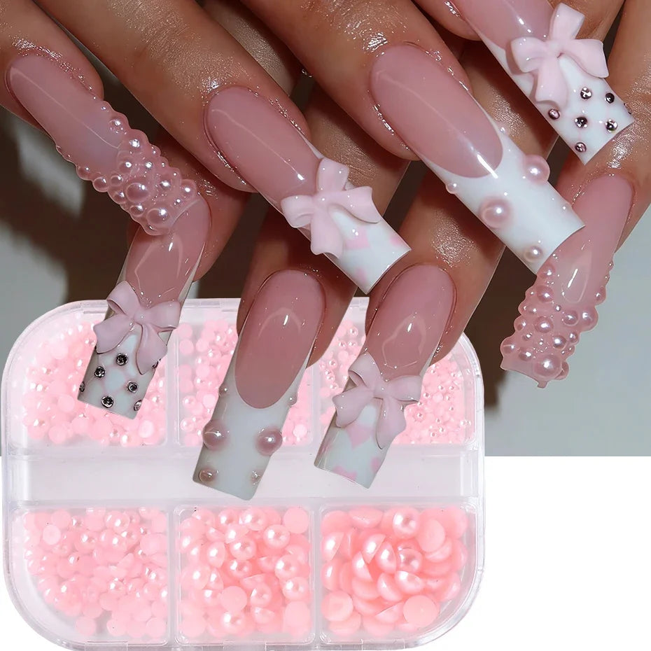 Pink Nail Pearl Beads – 6-Grid Flat Semicircle Rhinestone Gems