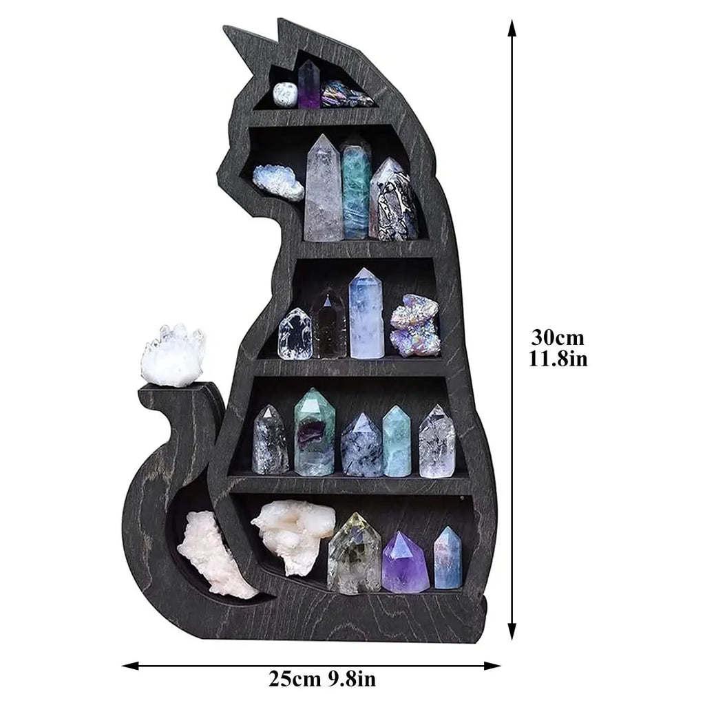 Wooden Black Cat Crystal Display Shelf – Pine Storage Rack