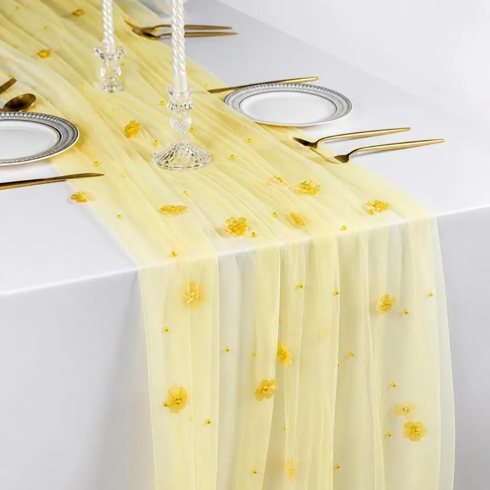 Tulle Table Runner 75x300cm Sheer Floral Embroidered Décor