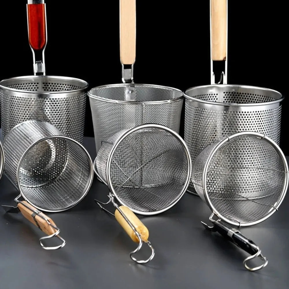 Stainless Steel Pasta Basket Strainer – Wooden Handle