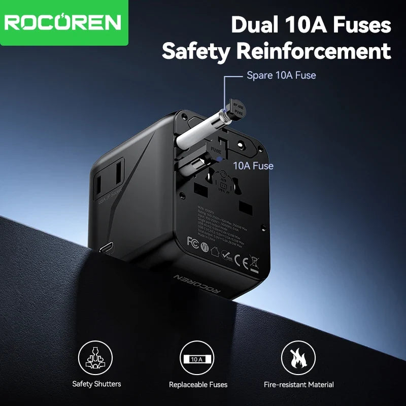 Rocoren Universal Travel Adapter GaN Fast Charging USB-C USB-A