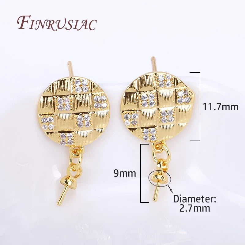 18K Gold Plated Zircon Round Post Earring Findings | DIY Pearl