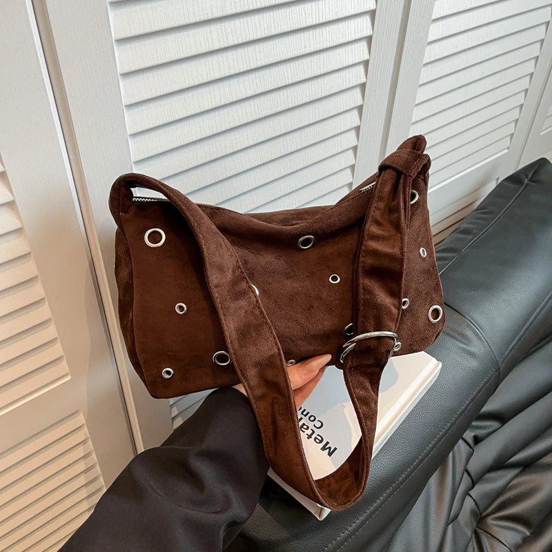Women's Rivet Frosted Faux Suede Crossbody Shoulder Bag