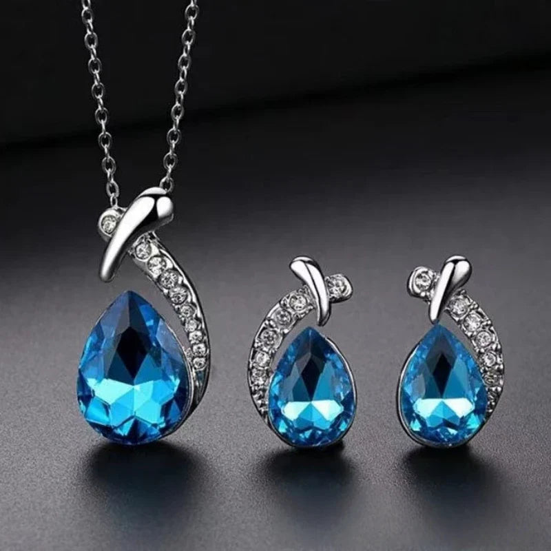 Women's Blue Fish Crystal Necklace & Earrings Jewelry Set