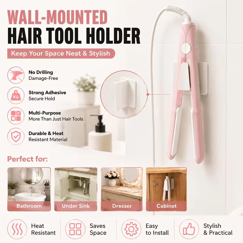 No-Drill Adhesive Wall Hook Heat-Resistant Hair Tool Organizer