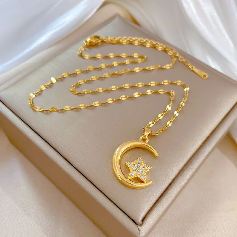 Star Moon Pendant Necklace | Gold Stainless Steel Choker