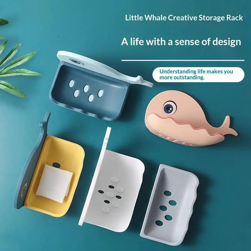 Whale-Shaped No-Drill Adhesive Soap Dish with Drainage