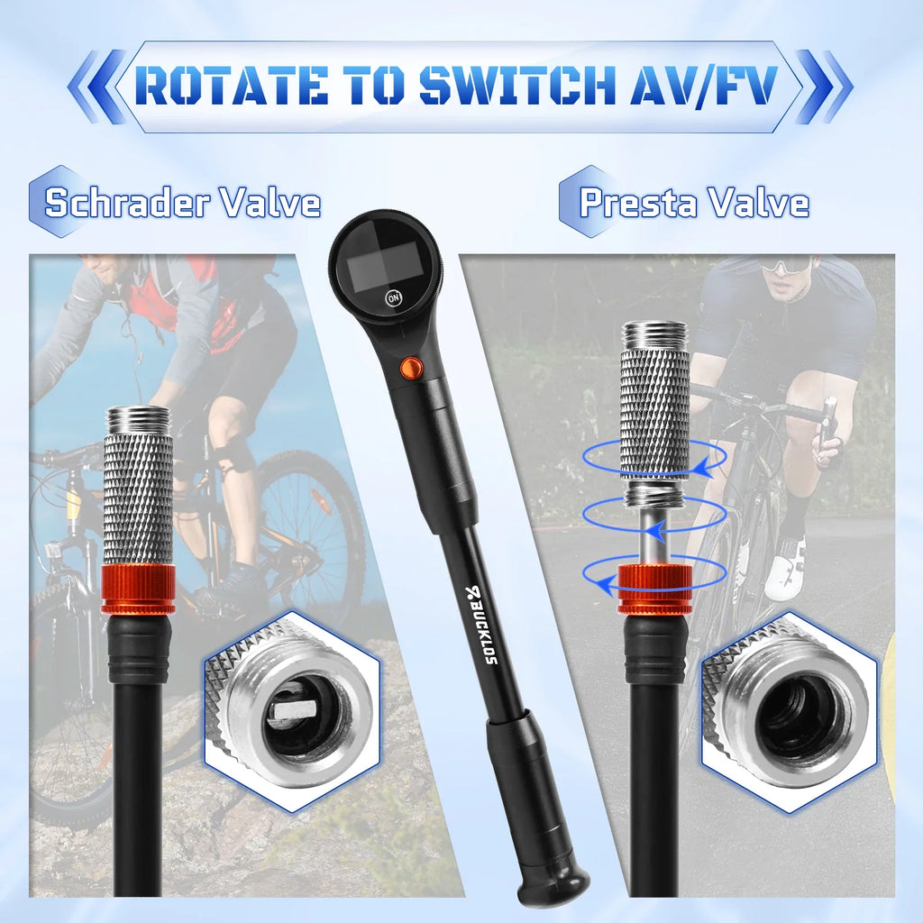 BUCKLOS 320PSI Portable Bike Pump – AV/FV MTB & Road