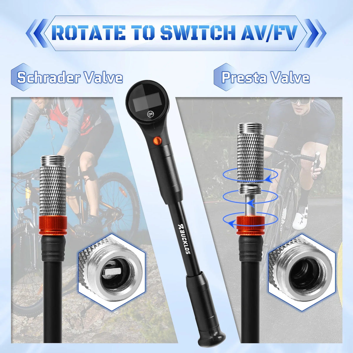 BUCKLOS 320PSI Portable Bike Pump – AV/FV MTB & Road