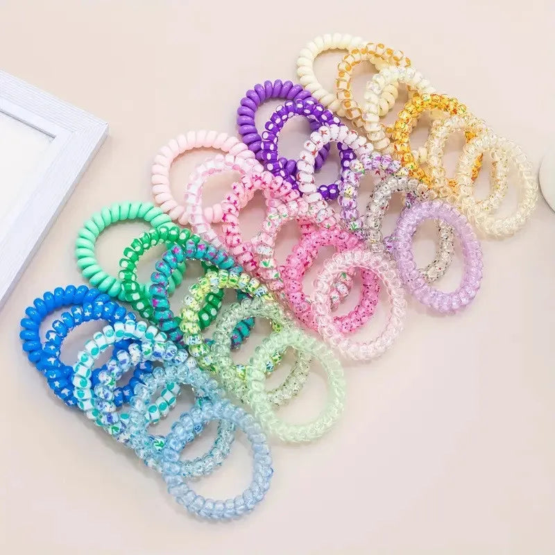 6-Pack Spiral Elastic Hair Ties – Colorful Telephone Wire Bands