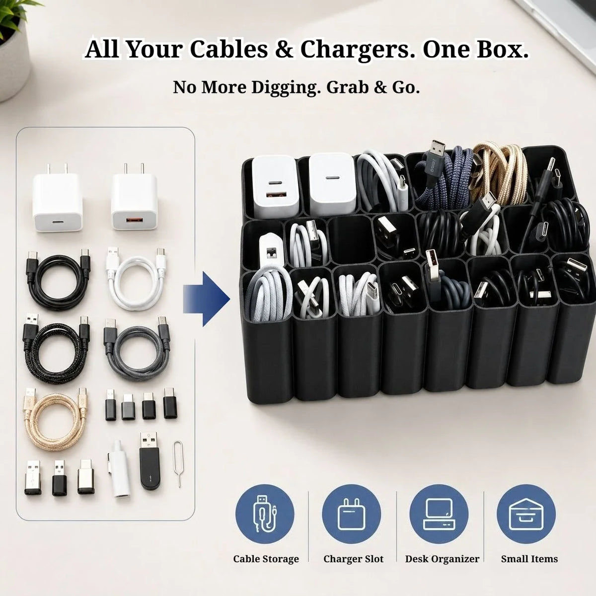 22-Grid USB Cable Storage Box – Desktop Cord Organizer