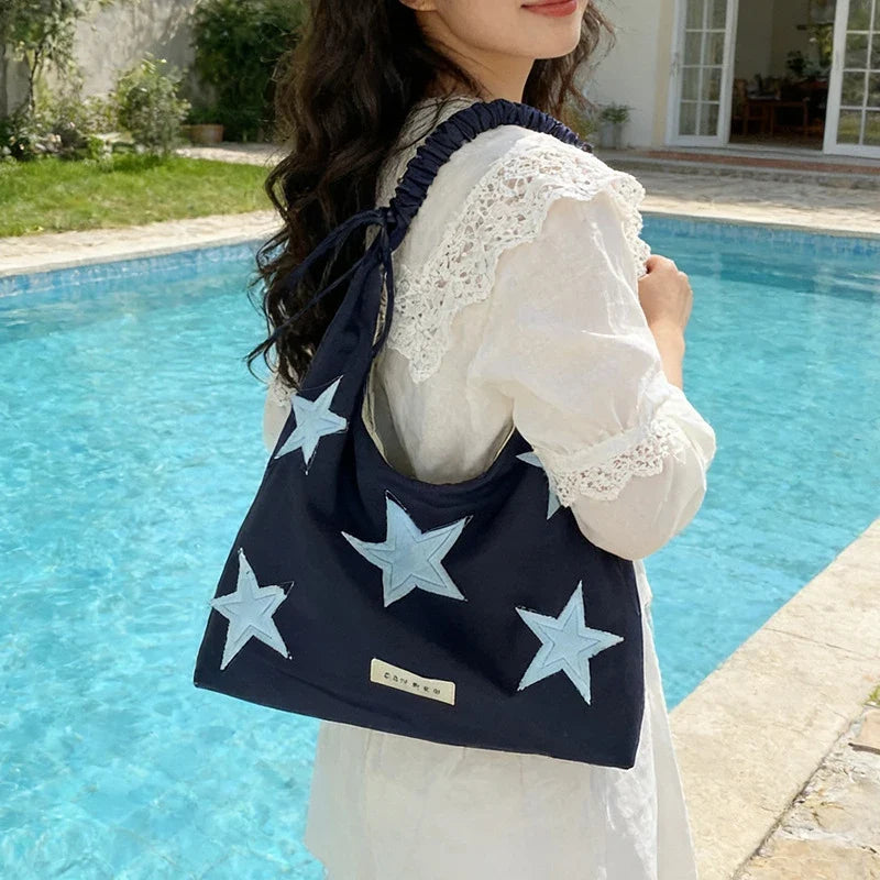 Korean Star Embroidered Canvas Tote Shoulder & Crossbody Bag