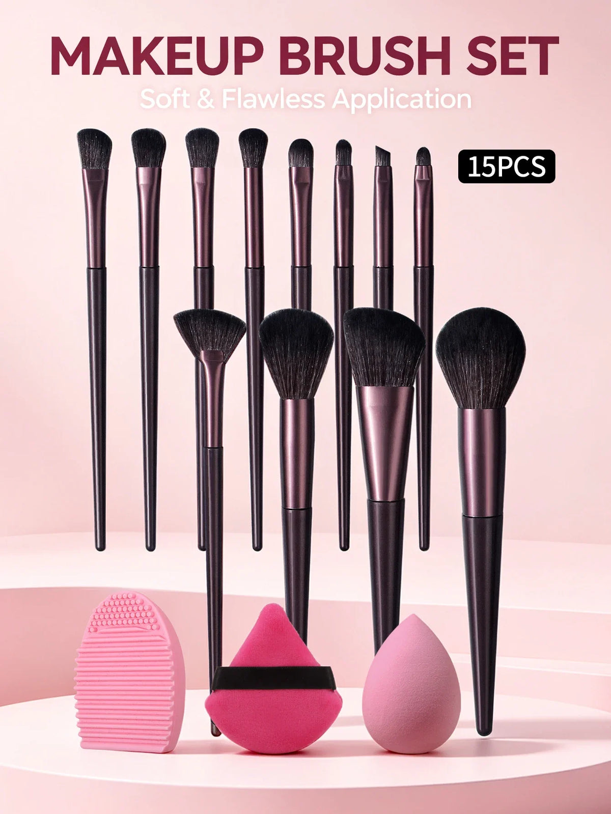 15-Piece Professional Makeup Brush Set with Puff & Cleaning Pad