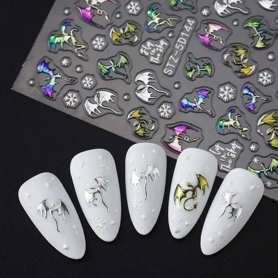 5D Embossed Dragon & Snowflake Nail Stickers – Metallic Decals