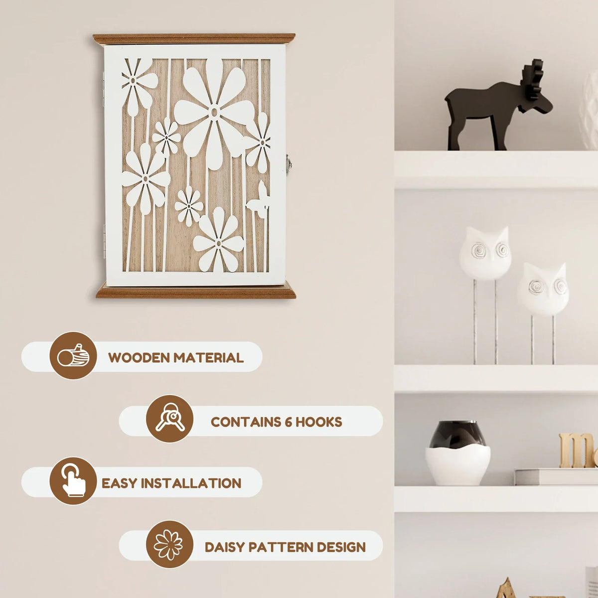 Wooden Wall Key Holder Box – 6 Hooks Farmhouse Entryway Organizer
