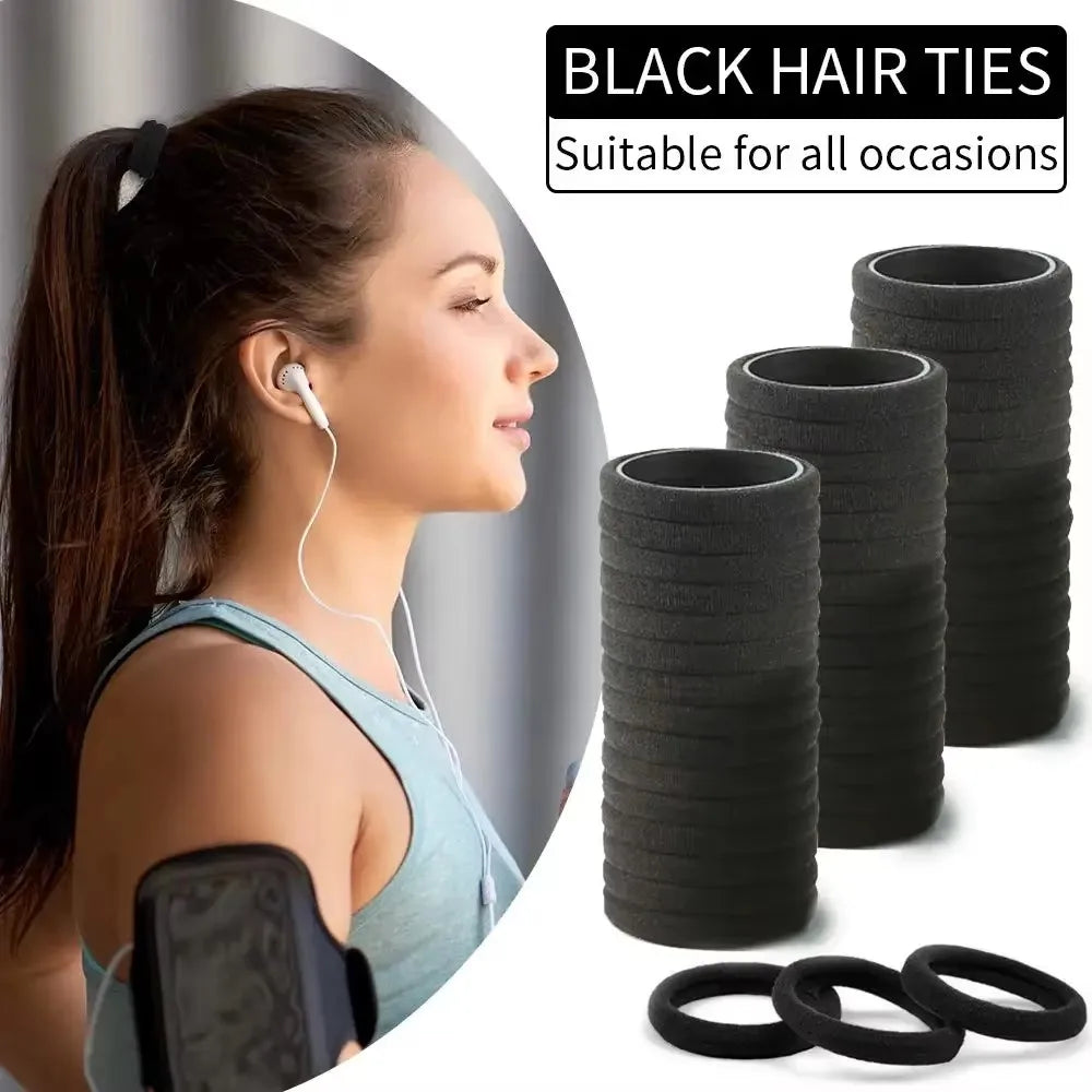50-Pack Black Elastic Hair Bands – Ponytail Ties for Women