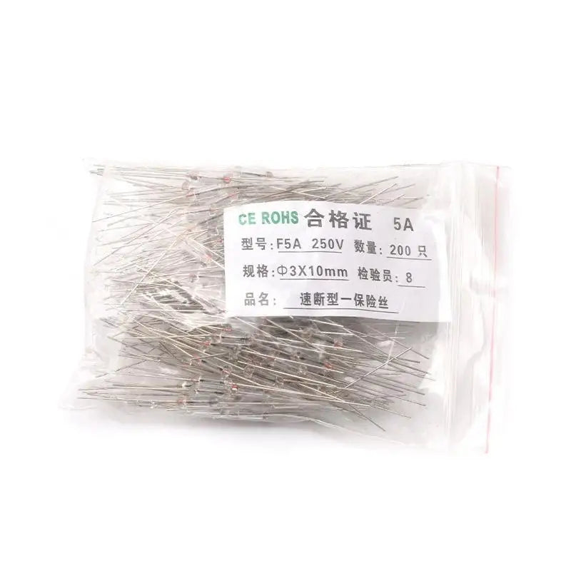 200PCS 3x10mm Axial Fast Glass Fuses 0.5A 1A 2A 3A 5A with Lead Wire