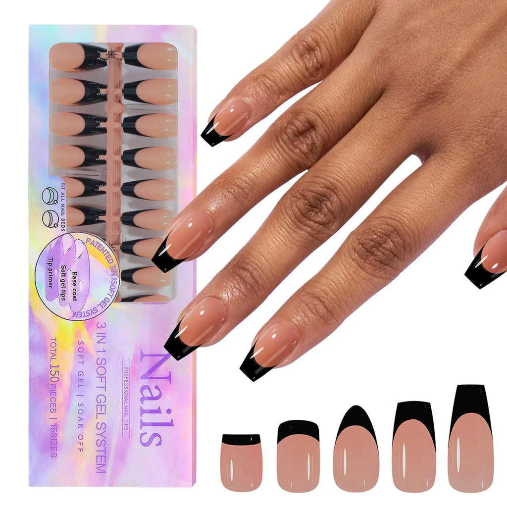 150Pcs French Press On Nails – Coffin & Almond Reusable Tips