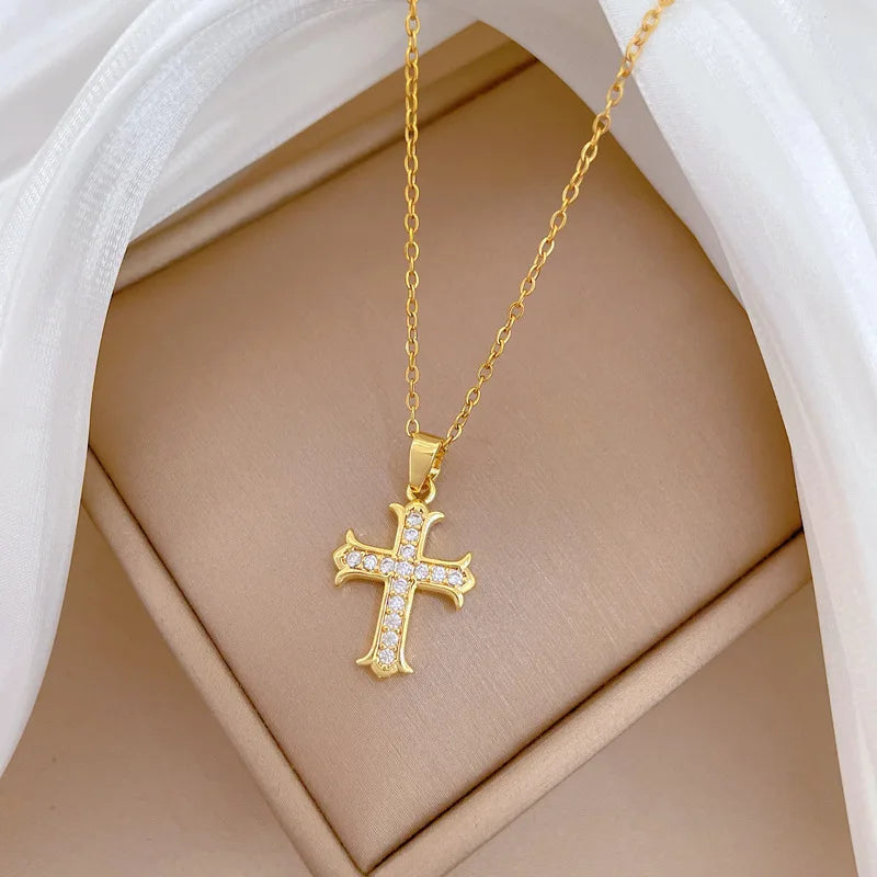 Women's Gold Cross Pendant Necklace – Stainless Steel Choker