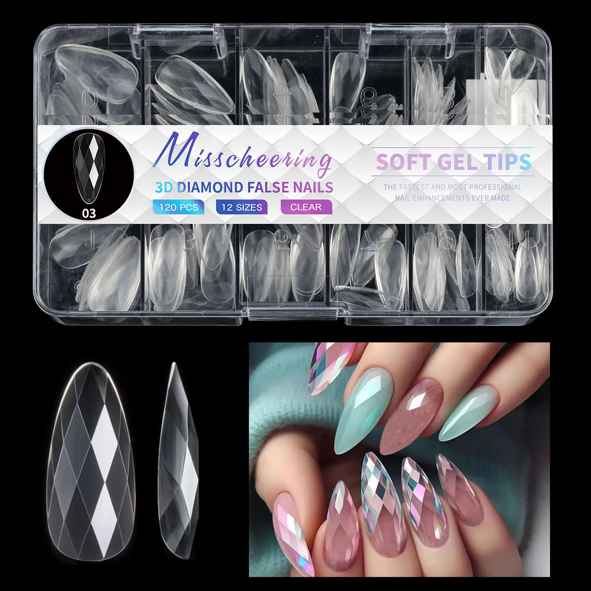 3D Diamond Almond Ballet Press On Nails – Long False Nails Set