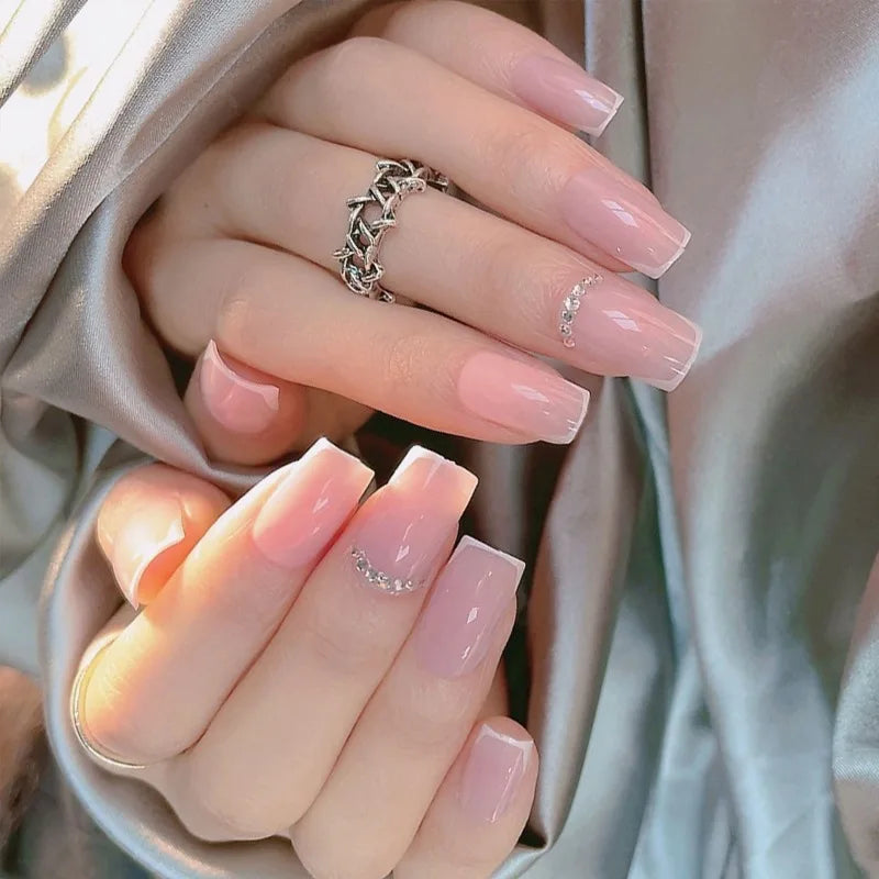 Short French Rhinestone False Nails – 24pc Handmade Acrylic Tips