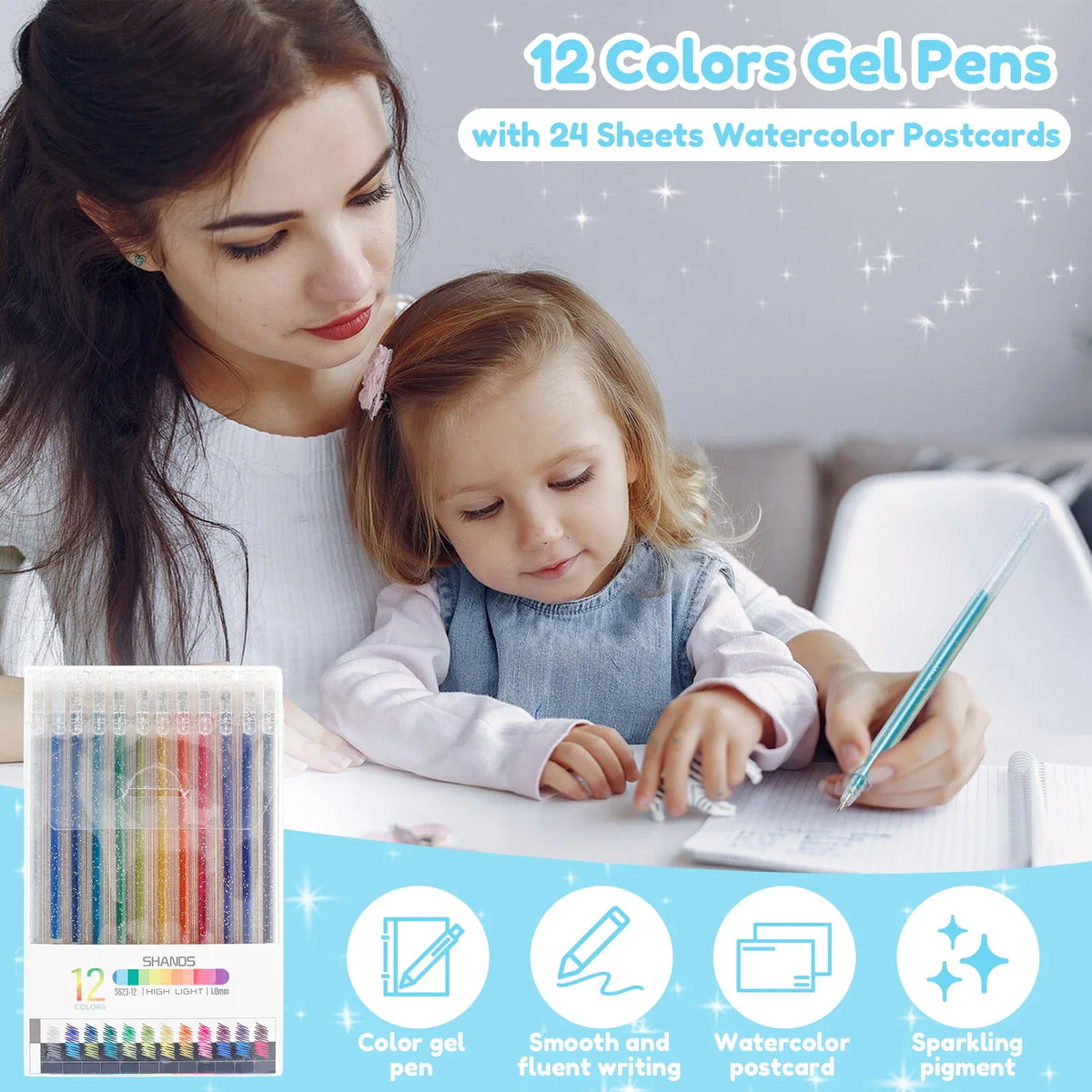 Metallic Gel Pens 12 Colors + 24 Watercolor Postcards Set