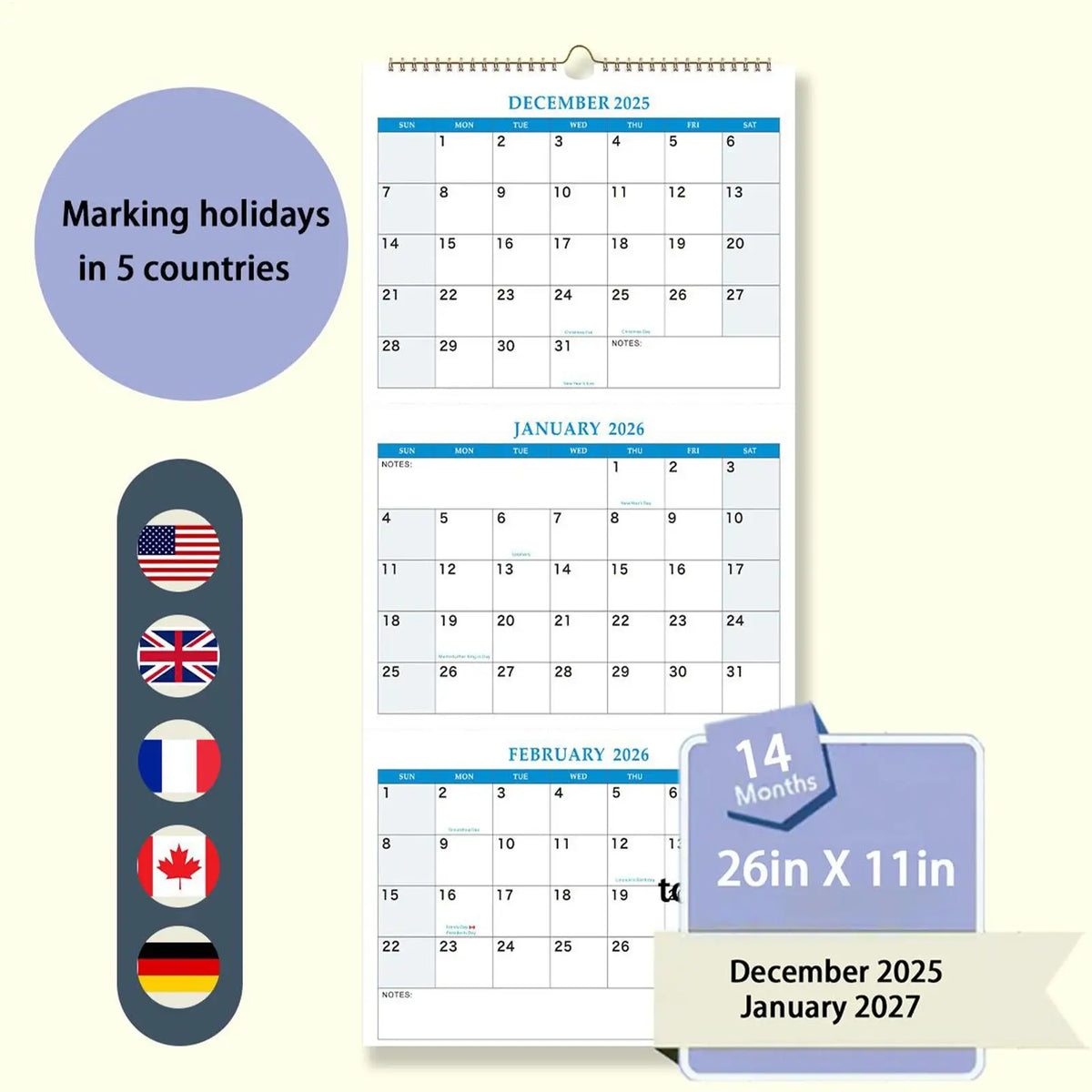 2026 Wall Calendar – 16-Month 3-Month Vertical Planner