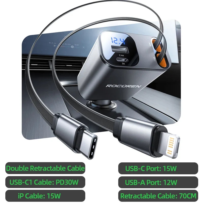 Rocoren 4-in-1 PD 30W Car Charger – Digital Display & Retractable