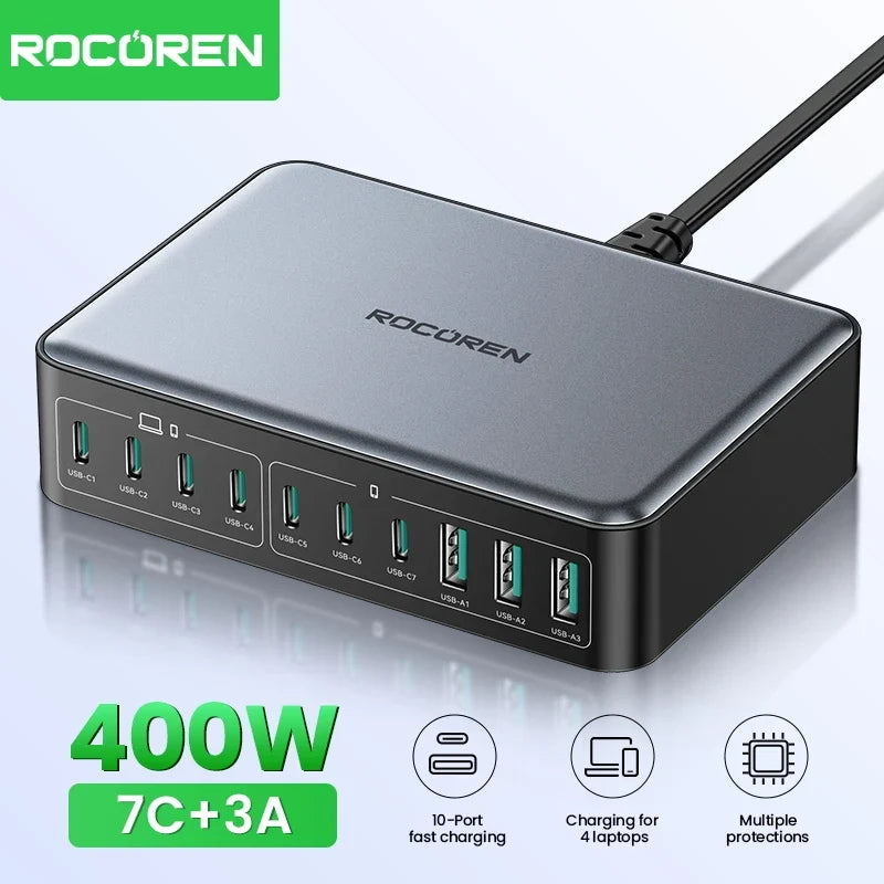 Rocoren 400W GaN Charger 10-Port USB-C Desktop Power Station