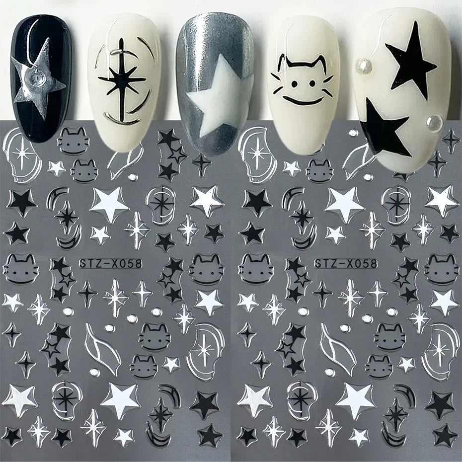 Y2K Cat & Dog Nail Art Stickers | Black Silver Decals 2 Sheets
