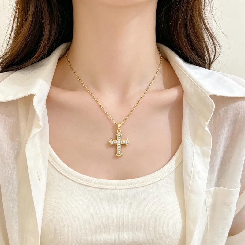 Women's Gold Cross Pendant Necklace – Stainless Steel Choker
