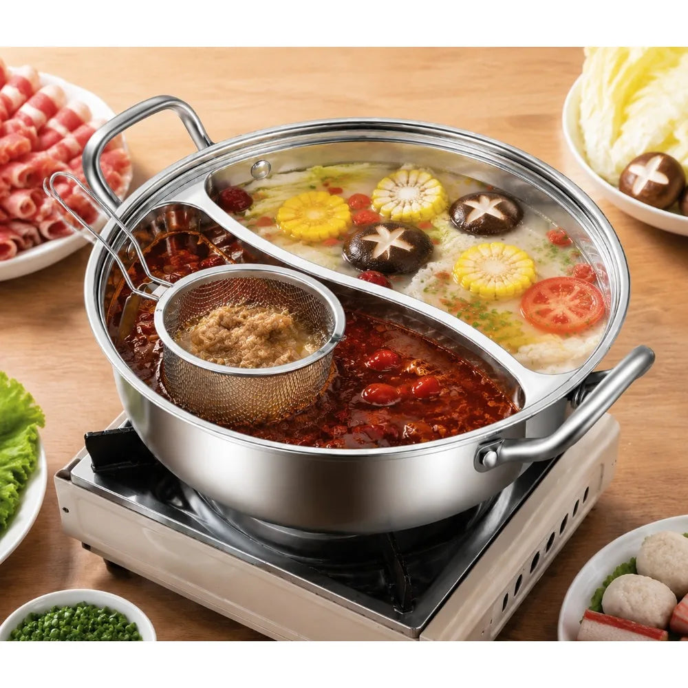 32cm Stainless Steel Hot Pot Divider & Strainer Basket Set