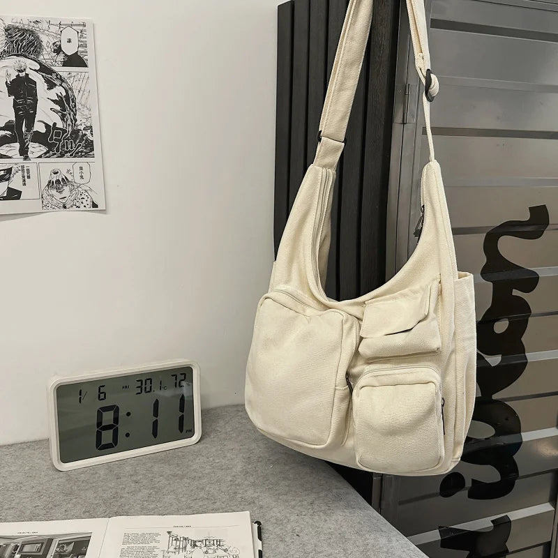 Large Canvas Dumpling Crossbody Bag – Unisex Multi-Pocket