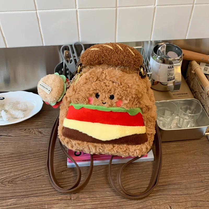 Cute Plush Hamburger Mini Backpack | Novelty Bag for Women