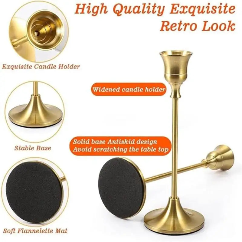 3PCS Metal Taper Candle Holders Set – Antique Gold Candlesticks