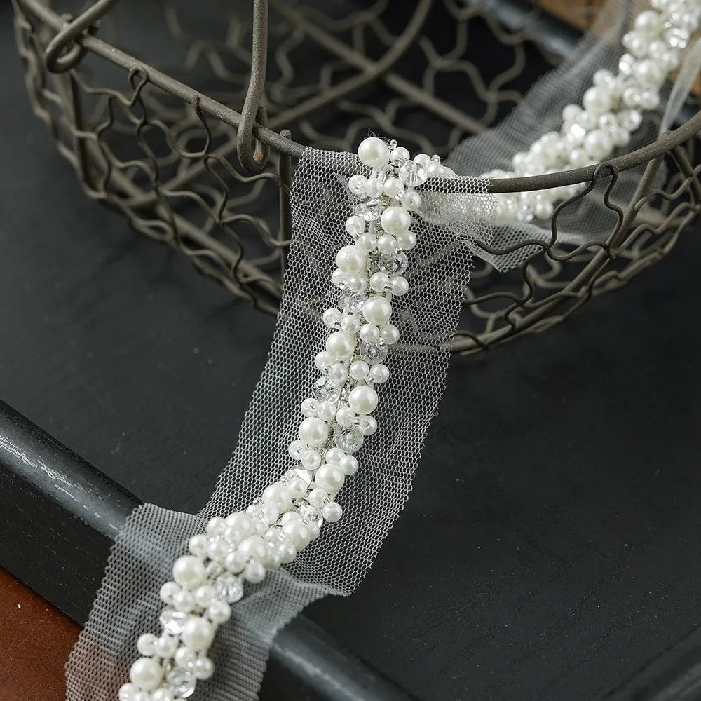 Pearl Beaded Rhinestone Lace Trim Ribbon for DIY Sewing