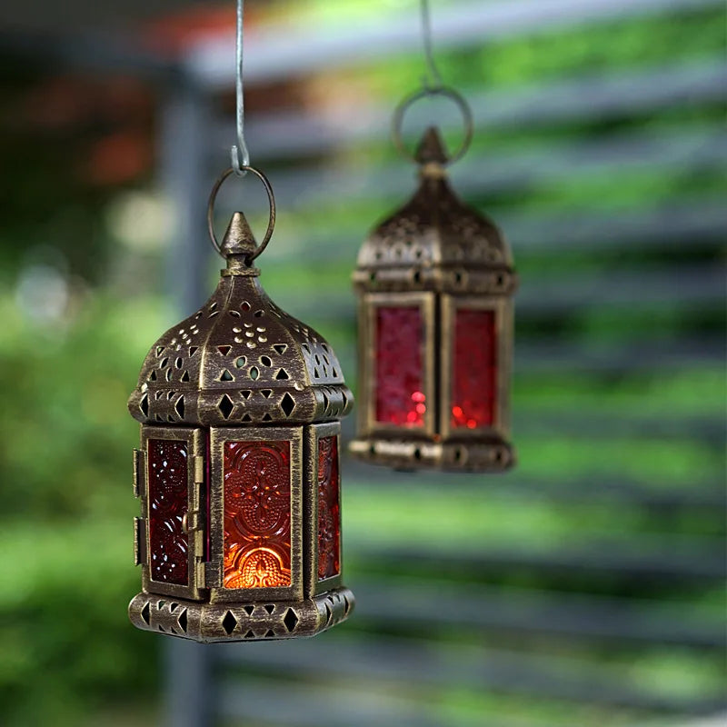 Moroccan Hanging Glass Candle Lantern | Iron Pendant Stand