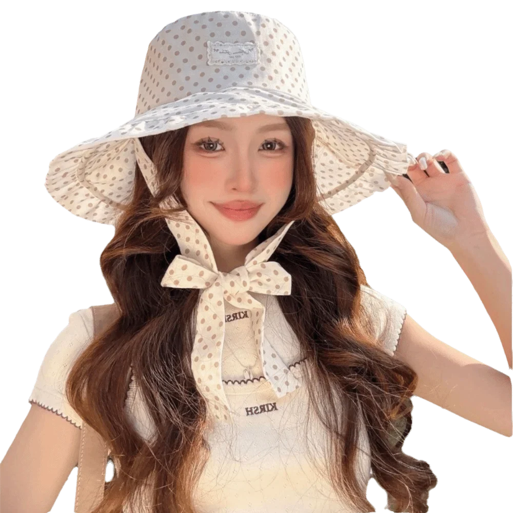 Women's Polka Dot Wide Brim Bucket Sun Hat with Ribbon