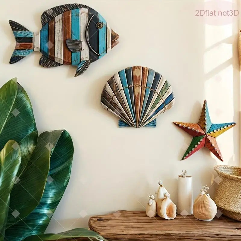 3-Piece Ocean Wooden Wall Art – Fish Shells Starfish Décor Set