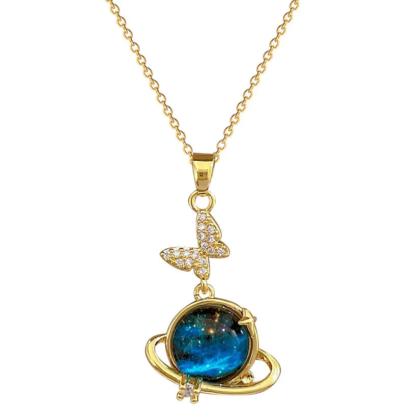 Starry Sky Butterfly Pendant Necklace Gold Stainless Steel
