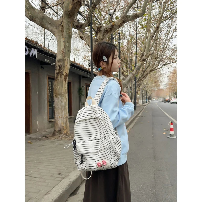 Korean Striped Large-Capacity Backpack | Cute Unisex School Bag