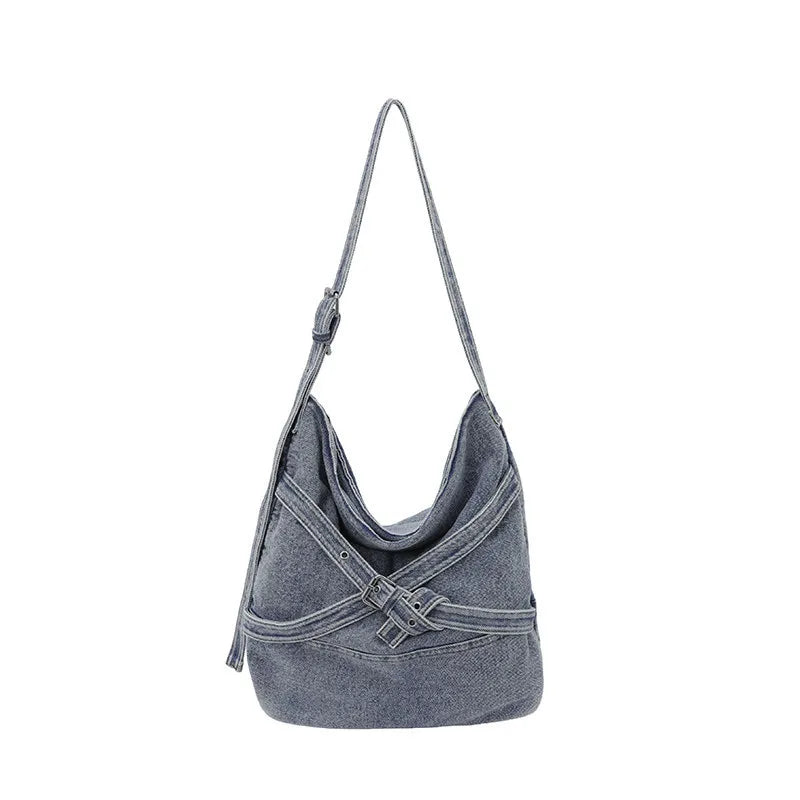 Vintage Washed Denim Tote Bag – Large Crossbody for Women