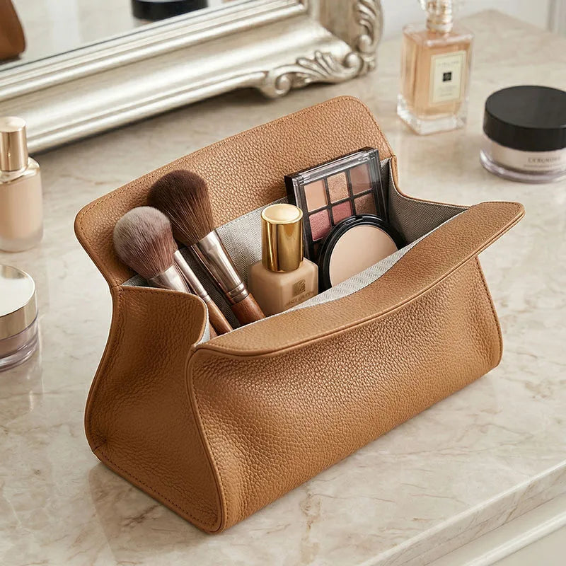 Waterproof Leather Makeup Bag – Magnetic Closure Cosmetic Organizer