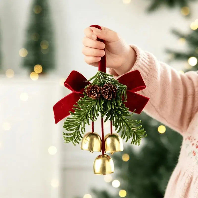Plush Christmas Tree Ornament with Bow & Brass Bell | Xmas Decor
