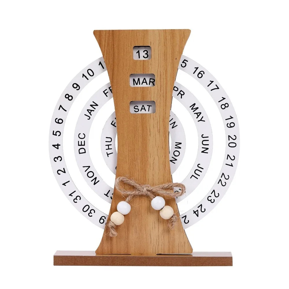 Wooden Perpetual Desk Calendar – Rotatable 3-Disc Date Keeper