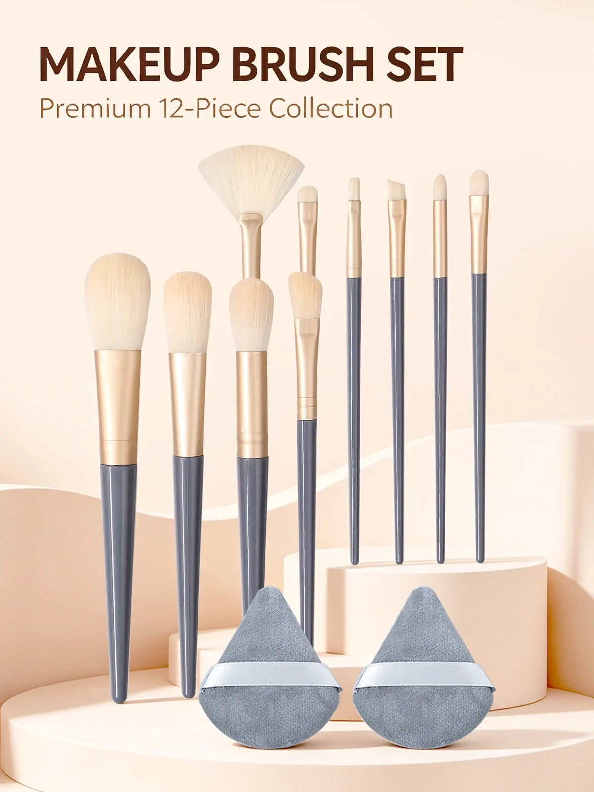 12Pc Professional Makeup Brush Set with 2 Triangle Puffs